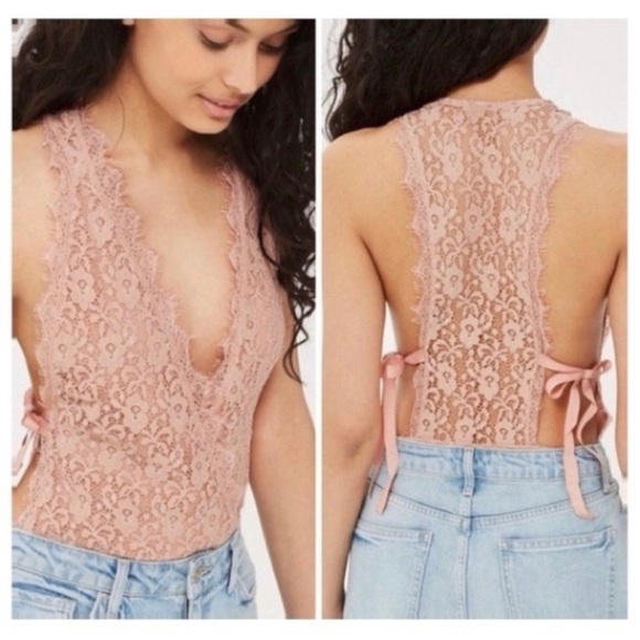 Topshop Light Pink Plunge Sheer Allover Lace Tie Side Thong Bodysuit 4 Women’s - Picture 1 of 13